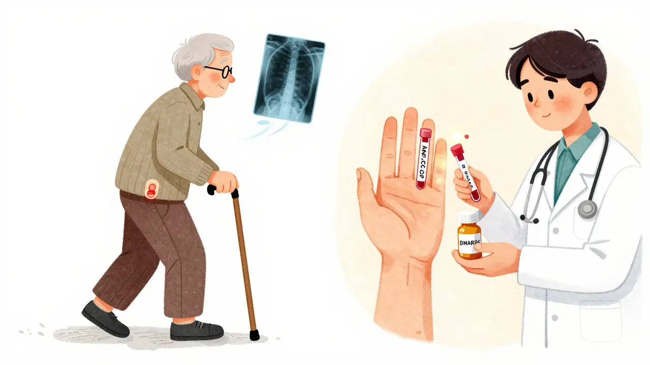 Side-by-side scene of an elderly person with OA and a young adult with RA, showing diagnostic tools and treatments.