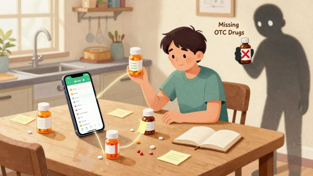 Someone organizing medications at home with a smartphone showing a health app, pills scattered on the table.