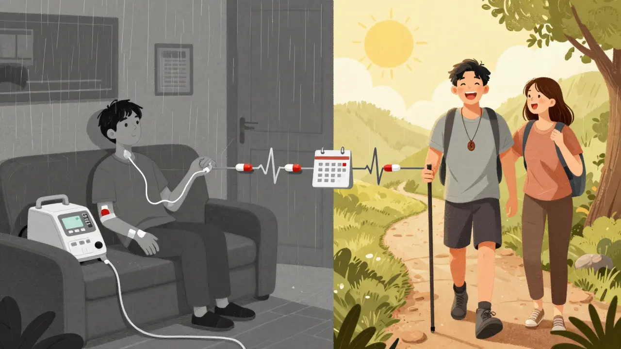 Split illustration: loneliness on dialysis vs. joy hiking after transplant, connected by a bridge of meds and care.