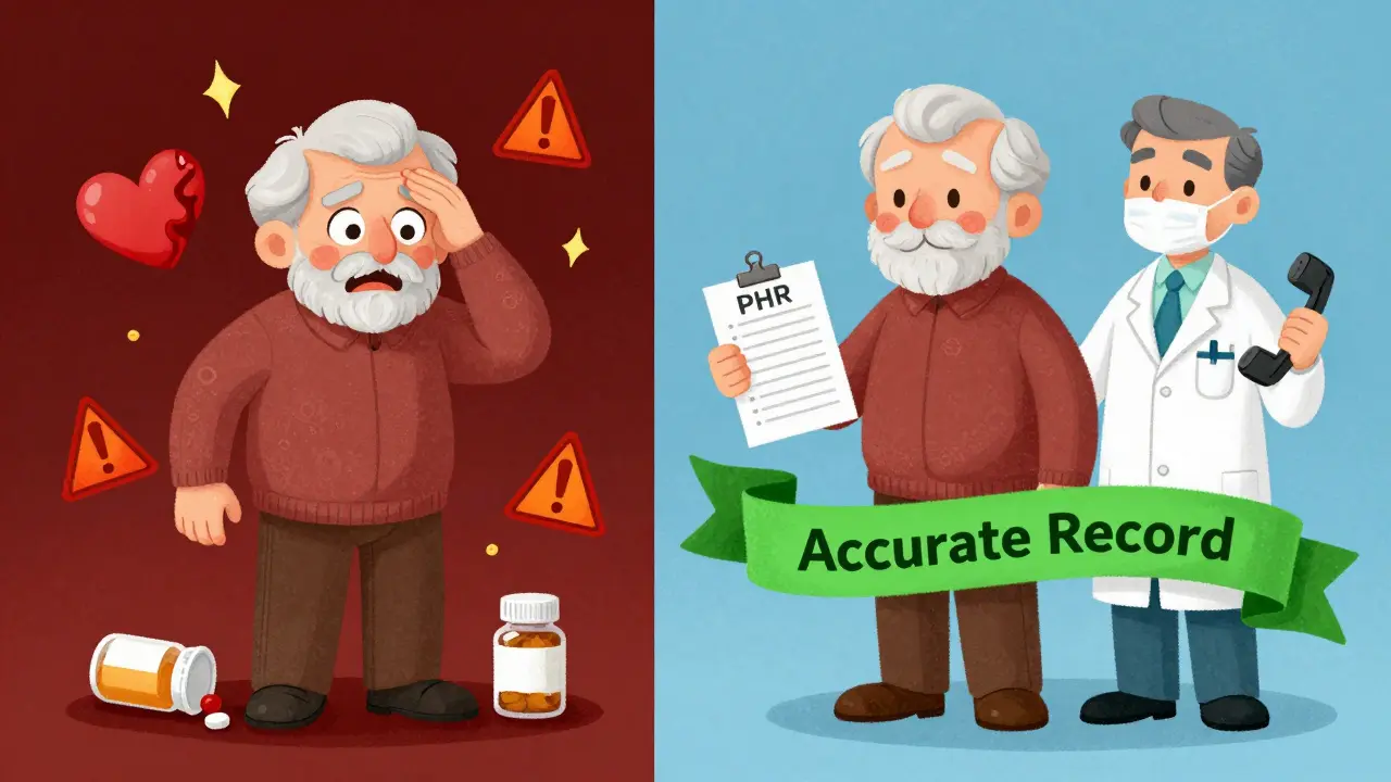 Split scene: one side shows danger from missing meds, the other shows safety with a complete health record.