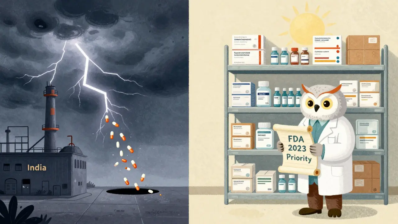 Storm destroys single factory on left, while a smart distribution center with safety stock thrives on right.