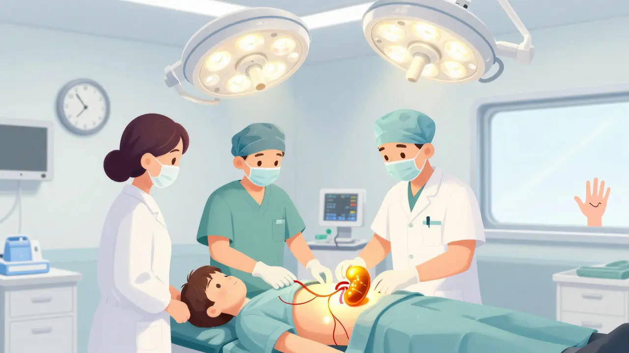 Surgeons gently place a glowing kidney into a patient during a soft, storybook-style transplant surgery.