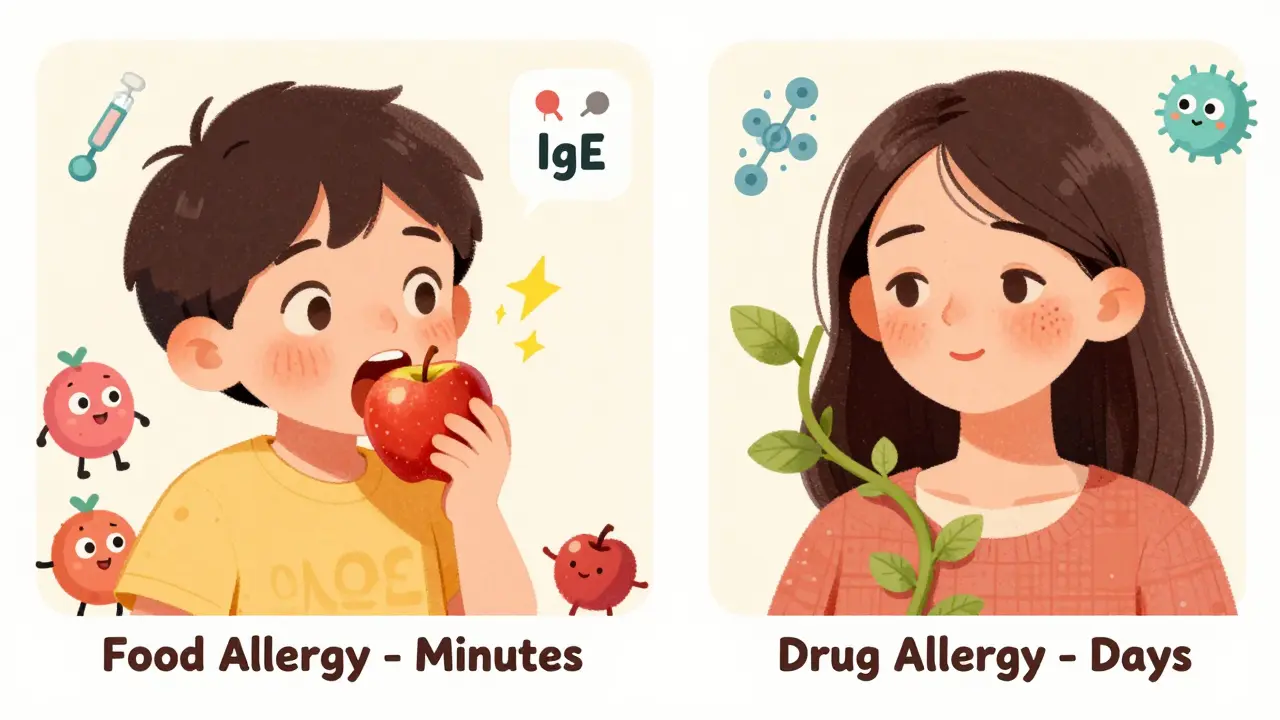 Two panels show food allergy symptoms appearing in minutes versus drug allergy rash developing over days.