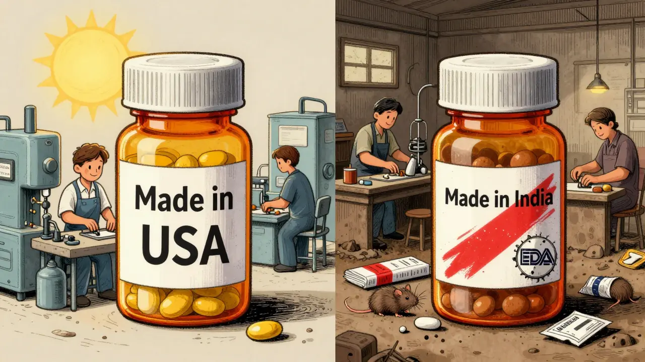 Two pill bottles side by side: one from USA with clean factory, one from India with chaotic production, storybook illustration.