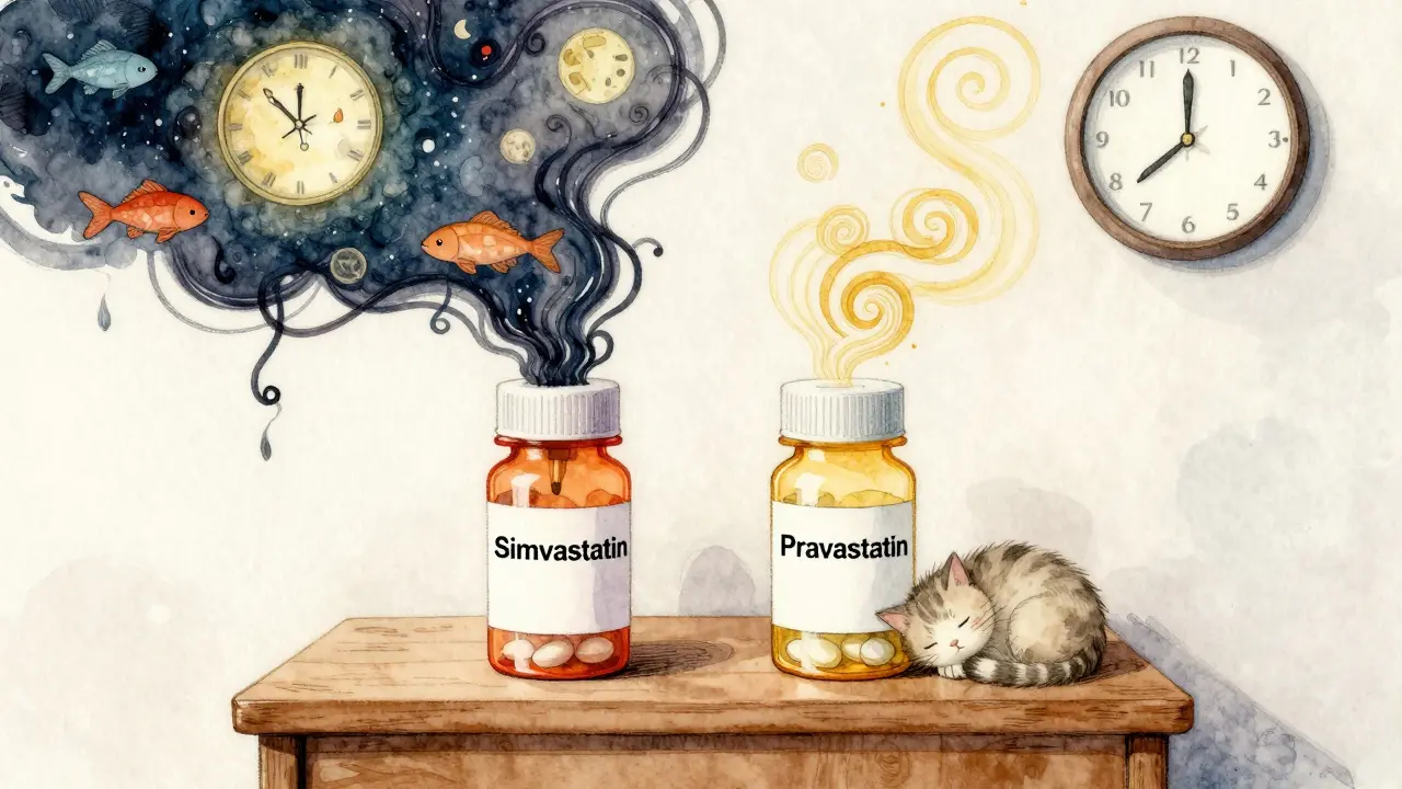 Two statin pills on a nightstand: one emitting dark dream tendrils, the other calm golden spirals, with a sleeping cat beside the calm one.