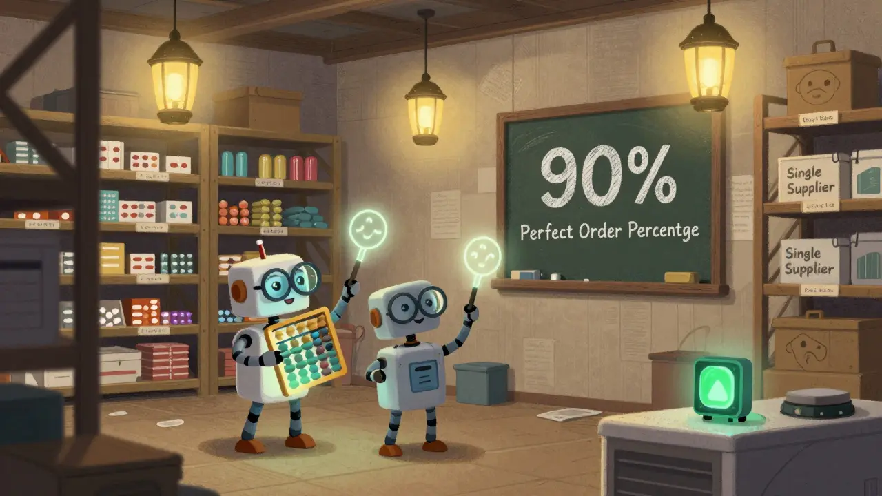 Whimsical warehouse with robots using math to optimize drug inventory, glowing sensors ensuring safe transport.