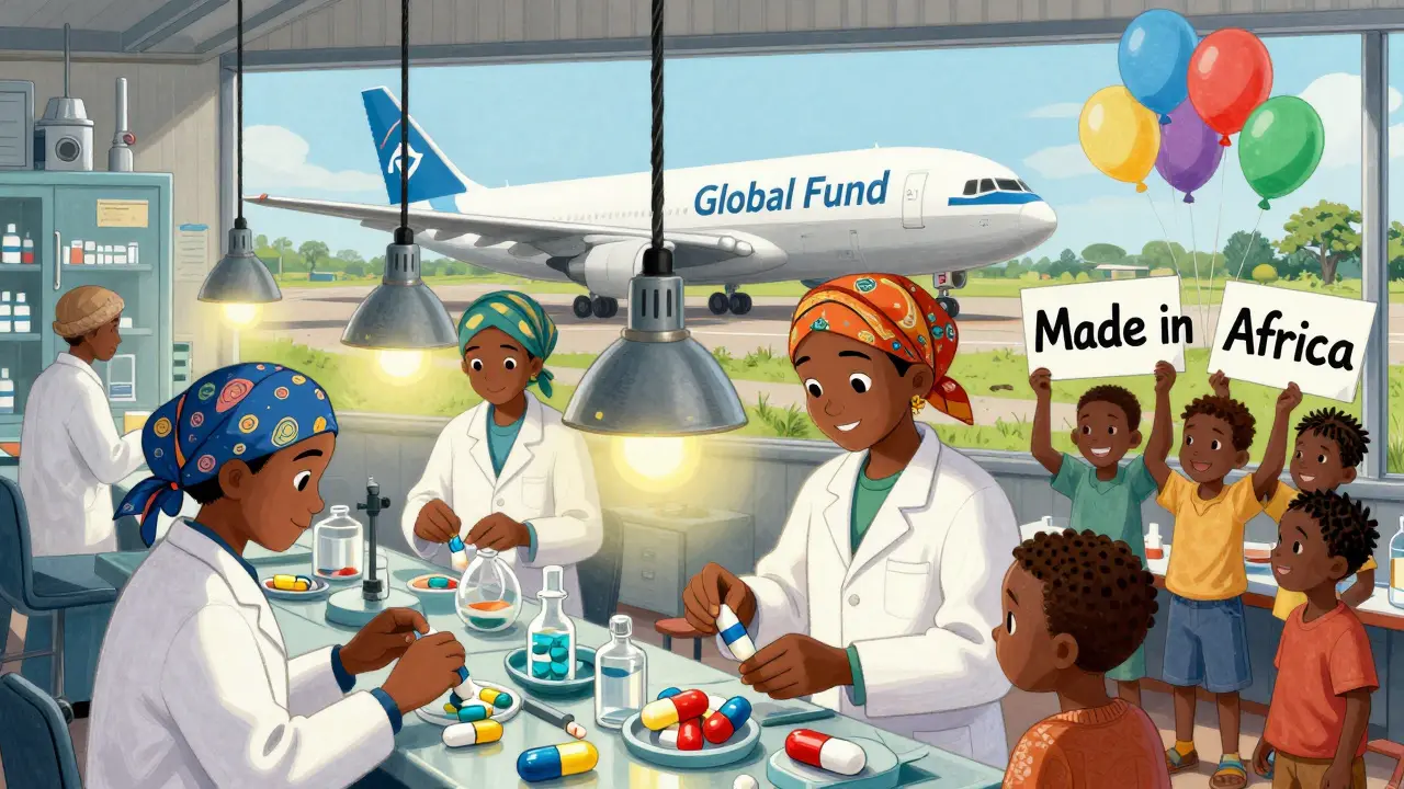 Workers in a Kenyan factory fill HIV medication capsules, while a Global Fund plane lands nearby.