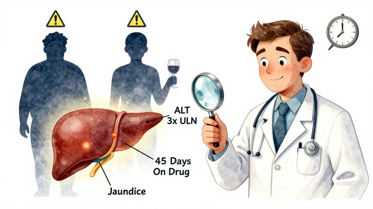 A doctor examining a liver diagram with warning signs, highlighting key risk factors and testing timelines.
