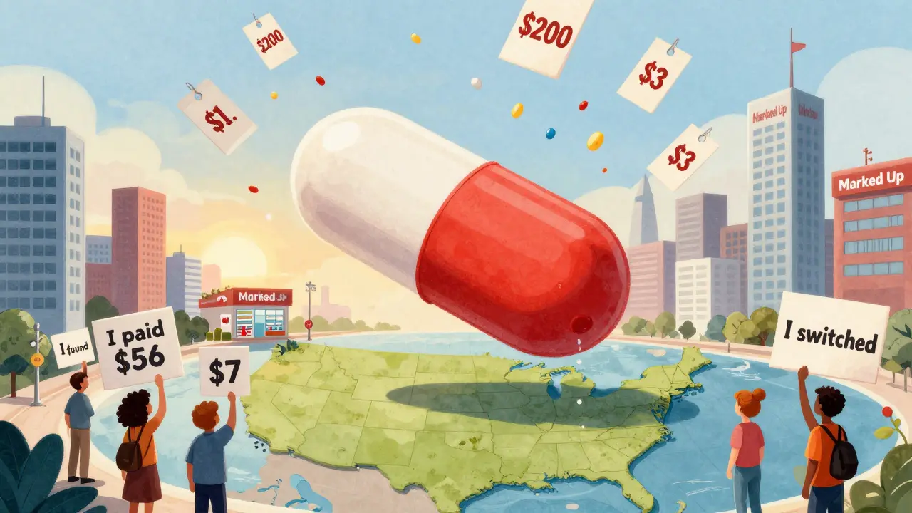A giant generic pill above the U.S. with price tags falling, people holding signs about what they paid.