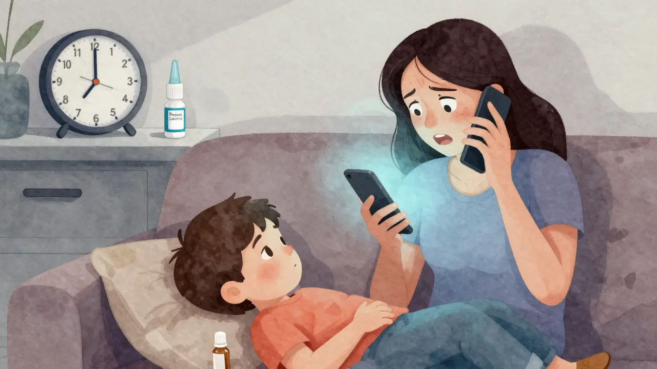 A mother calls Poison Control as her child lies quietly, with naloxone on the counter.