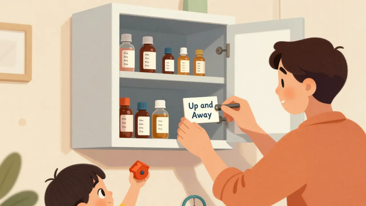 A parent locks medicine in a high cabinet while a child plays safely nearby.