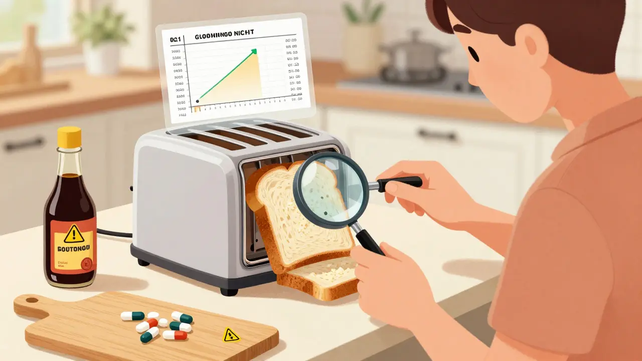 A person carefully avoiding gluten contamination in the kitchen, using a dedicated toaster and checking food labels.