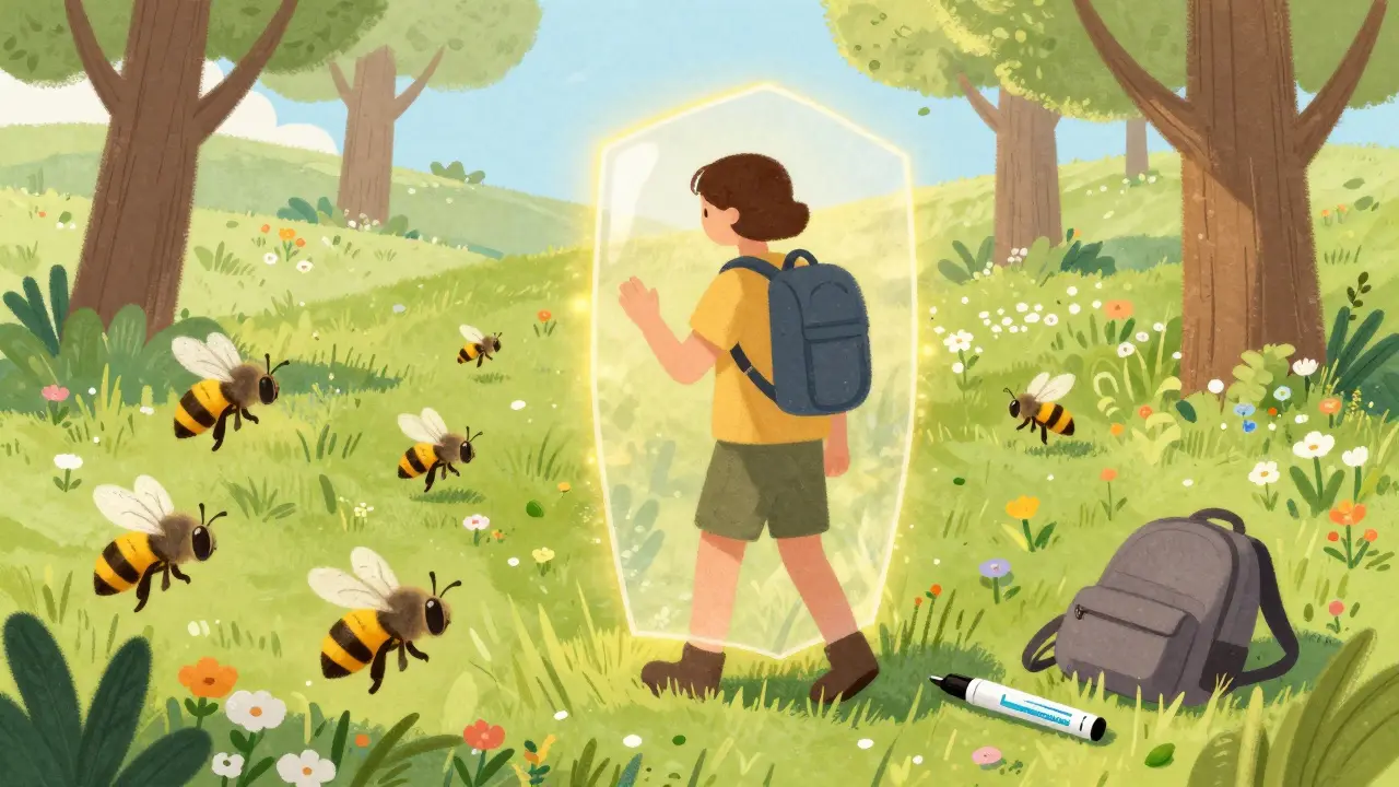 A person hikes peacefully through a meadow surrounded by bees, protected by a glowing shield, with an EpiPen left behind in their backpack.