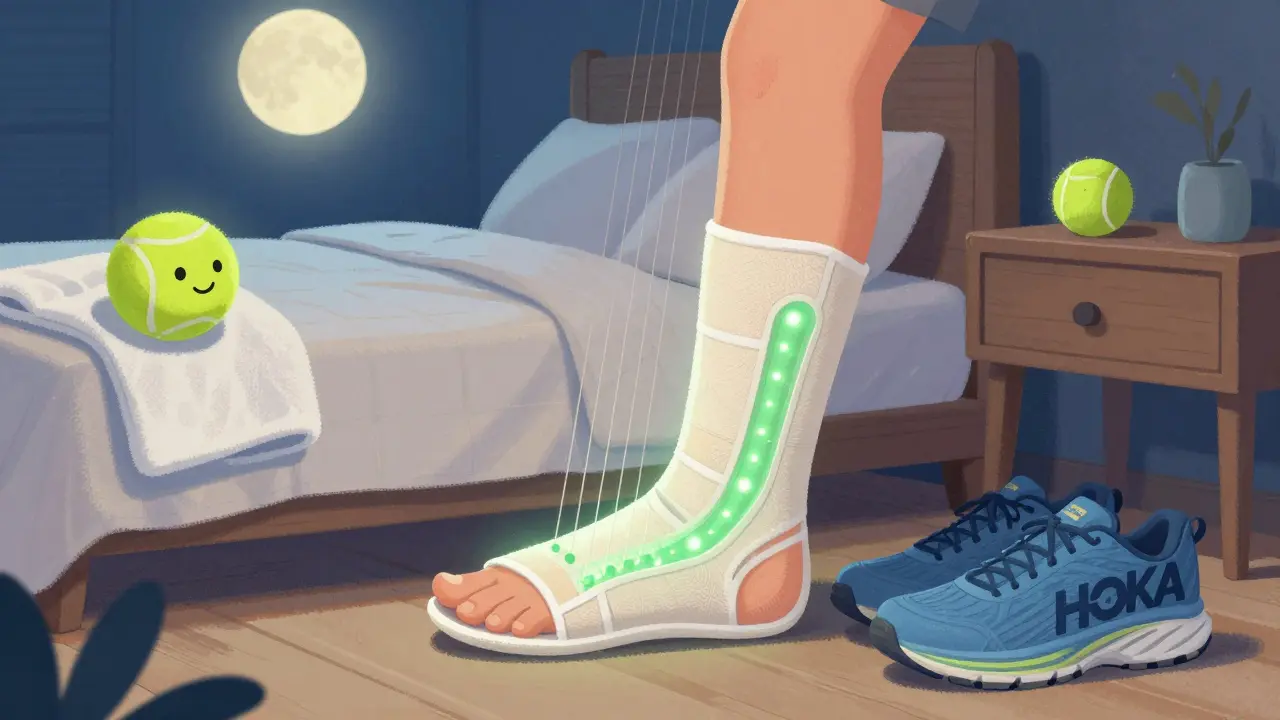 A person sleeping with a night splint and healing tools nearby, showing nighttime recovery for plantar fasciopathy.