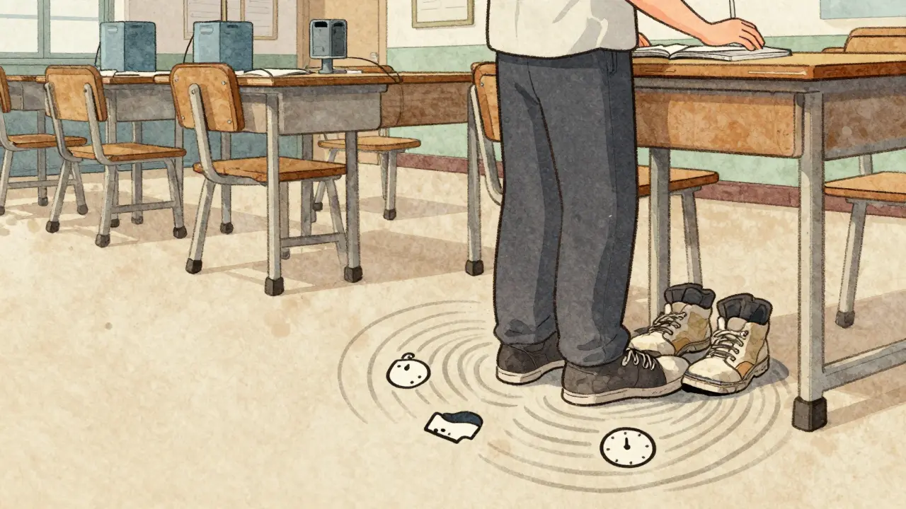 A person standing at work with pressure waves and worn shoes, illustrating how daily strain causes heel pain.