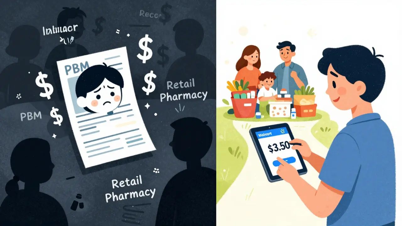 A person torn between a high-cost medical bill and a low-cost pharmacy option, shown in split scene.