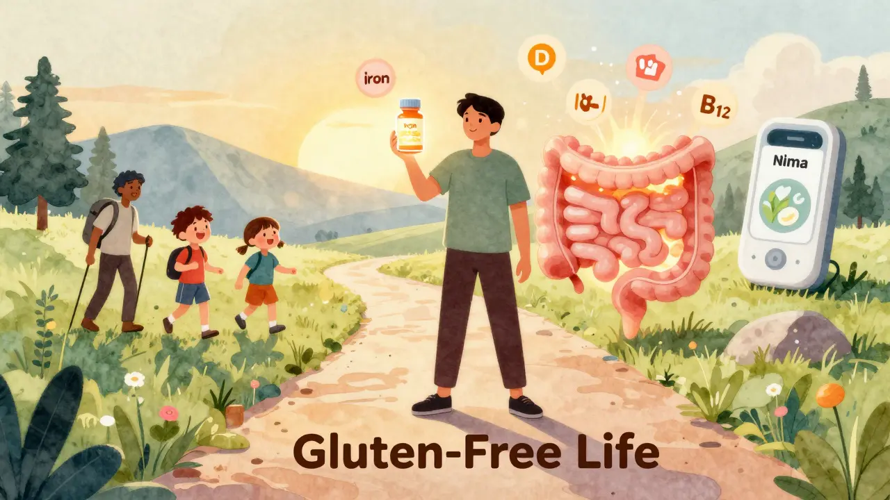 A person walking toward health with nutrient supplements glowing beside them and a healed intestine as a lantern.