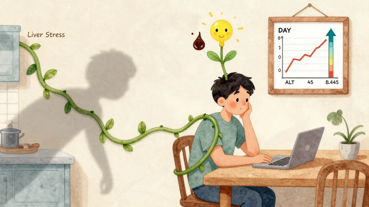 A person with a creeping vine of liver stress symbols growing from their side, showing hidden damage from duloxetine.