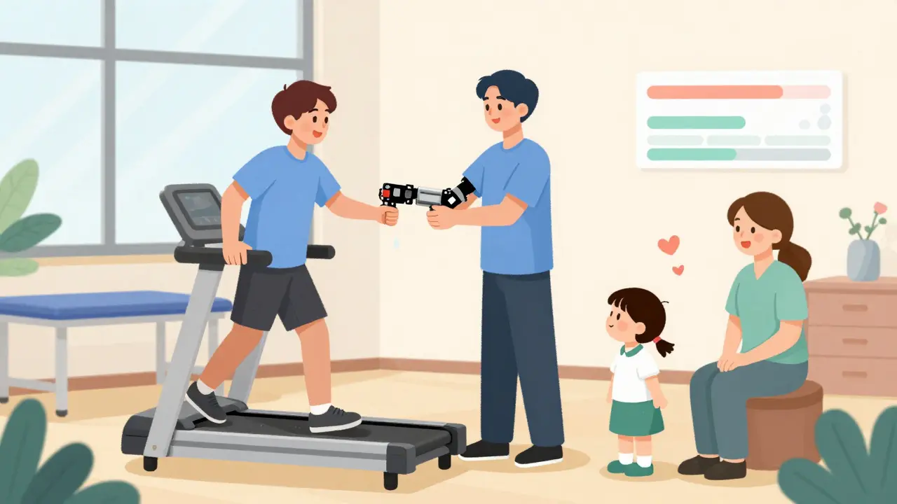 A rehabilitation team helping a patient on a treadmill with robotic arm support, in a bright therapy room with hopeful, whimsical details.