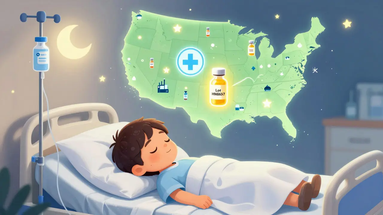 A sleeping child with an IV drip, above them a glowing map showing extended drug lots traveling to hospitals across the U.S.