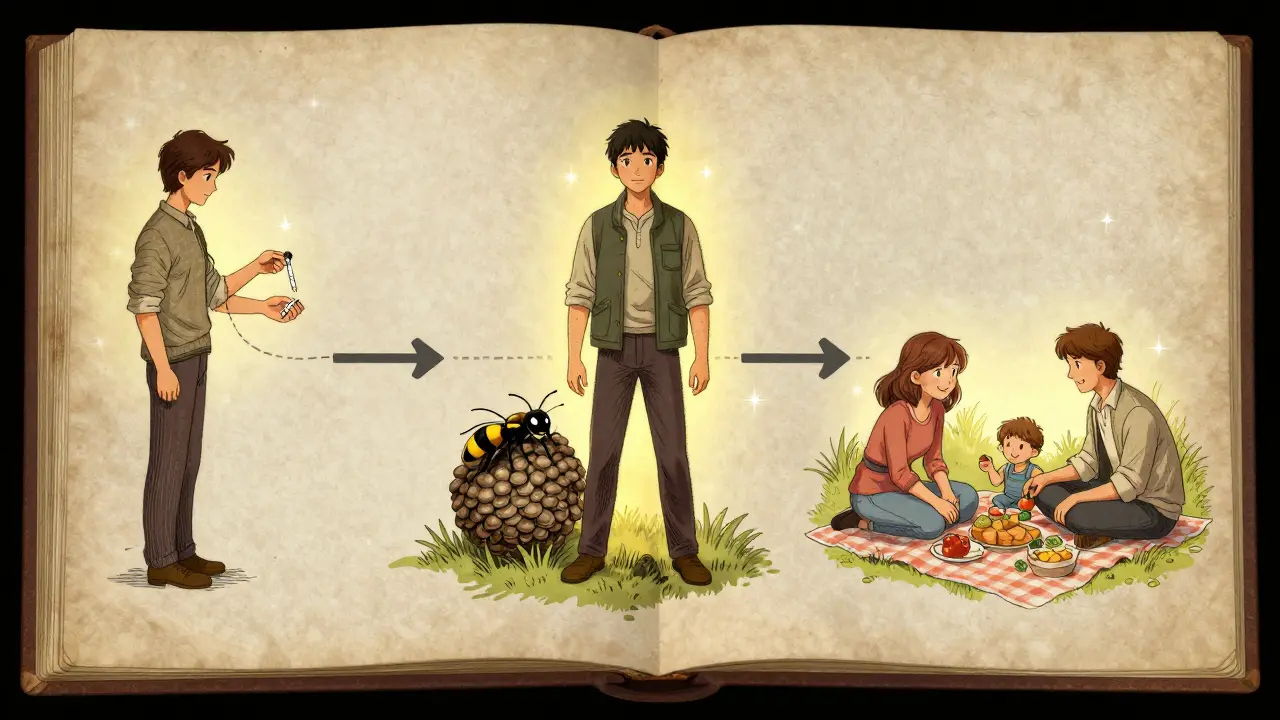 A three-panel storybook timeline showing a person progressing from venom shots to confidence around stinging insects and finally enjoying a picnic.