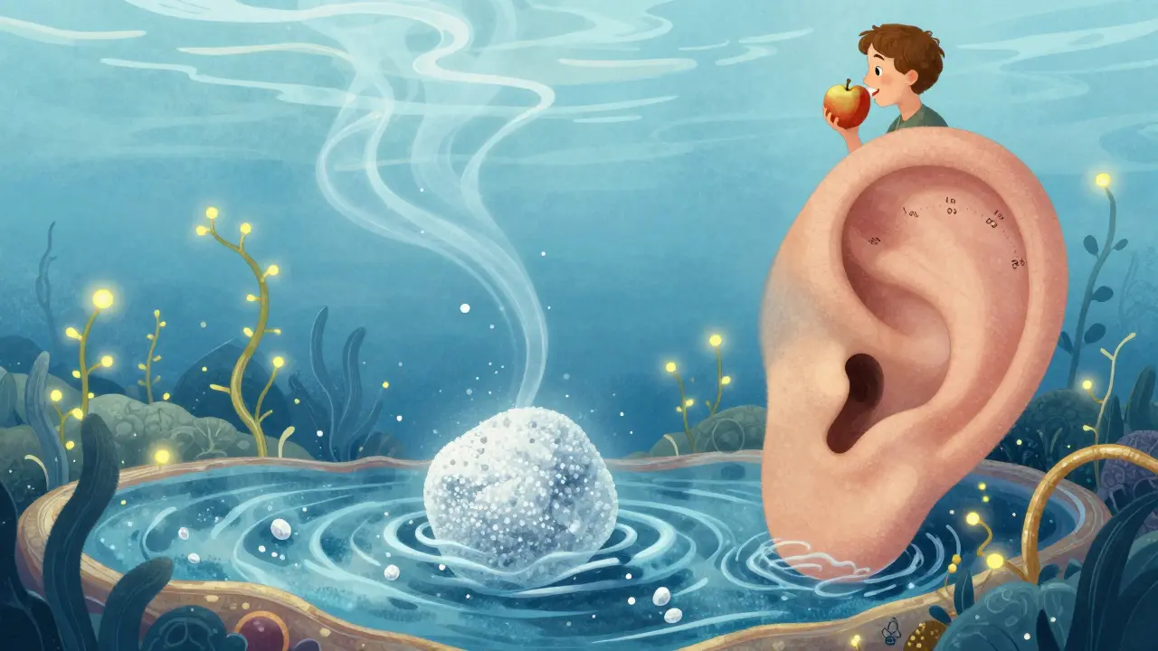 An illustrated inner ear with fluid rising around nerves, affected by a giant salt grain.