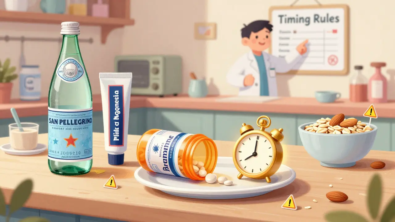 Kitchen counter with magnesium-containing products and warning signs, bisphosphonate pill isolated with timer