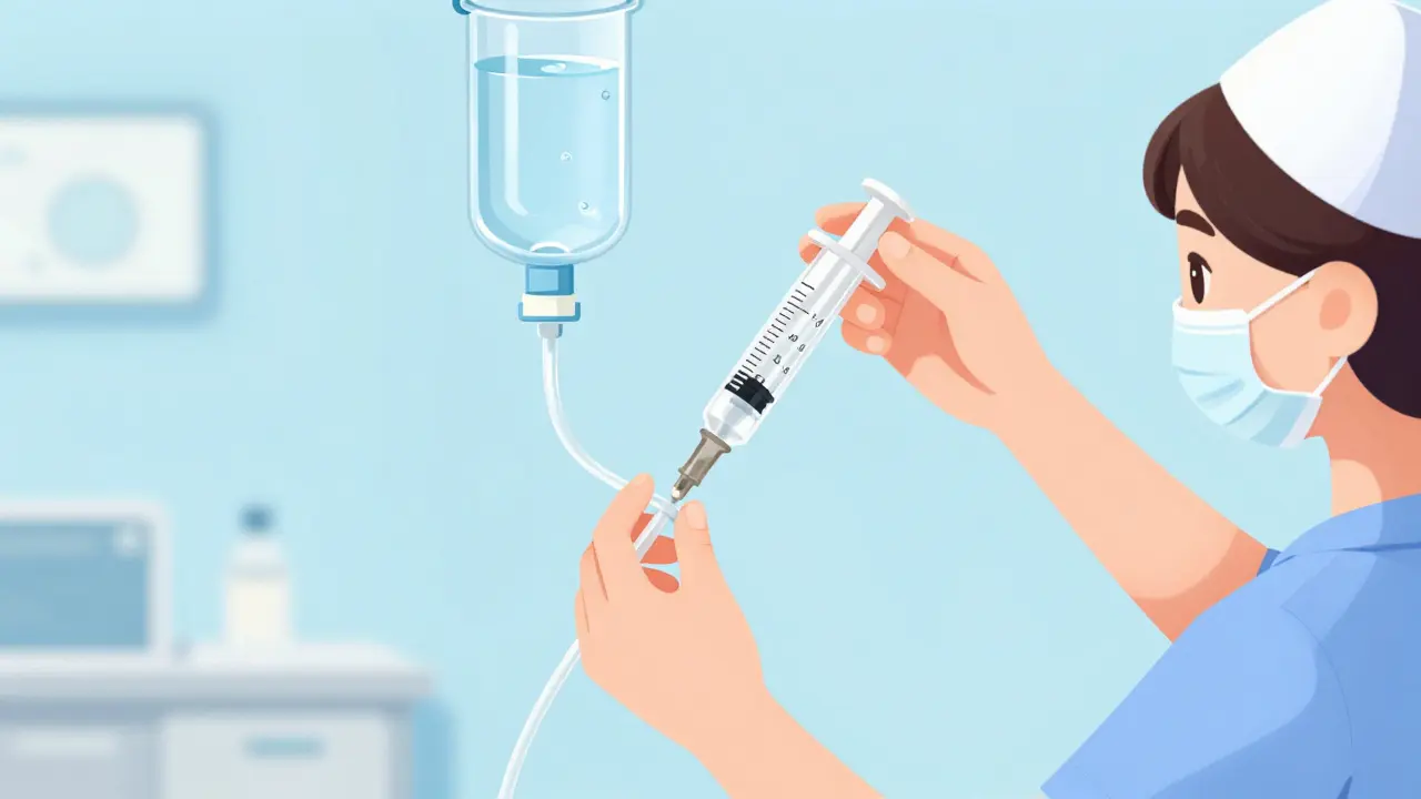 Nurse flushing feeding tube with water syringe between meds
