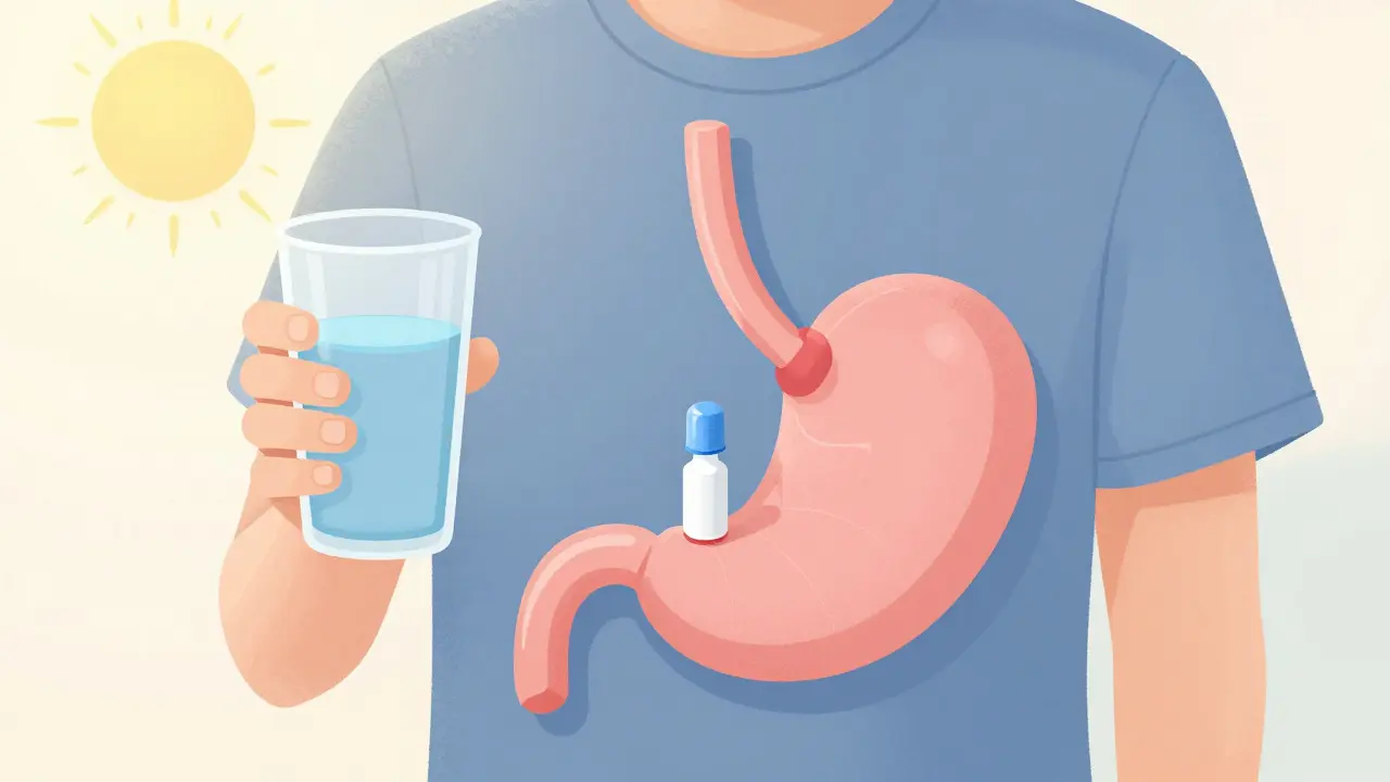 Person taking PPI before breakfast, stomach acid pump closed.