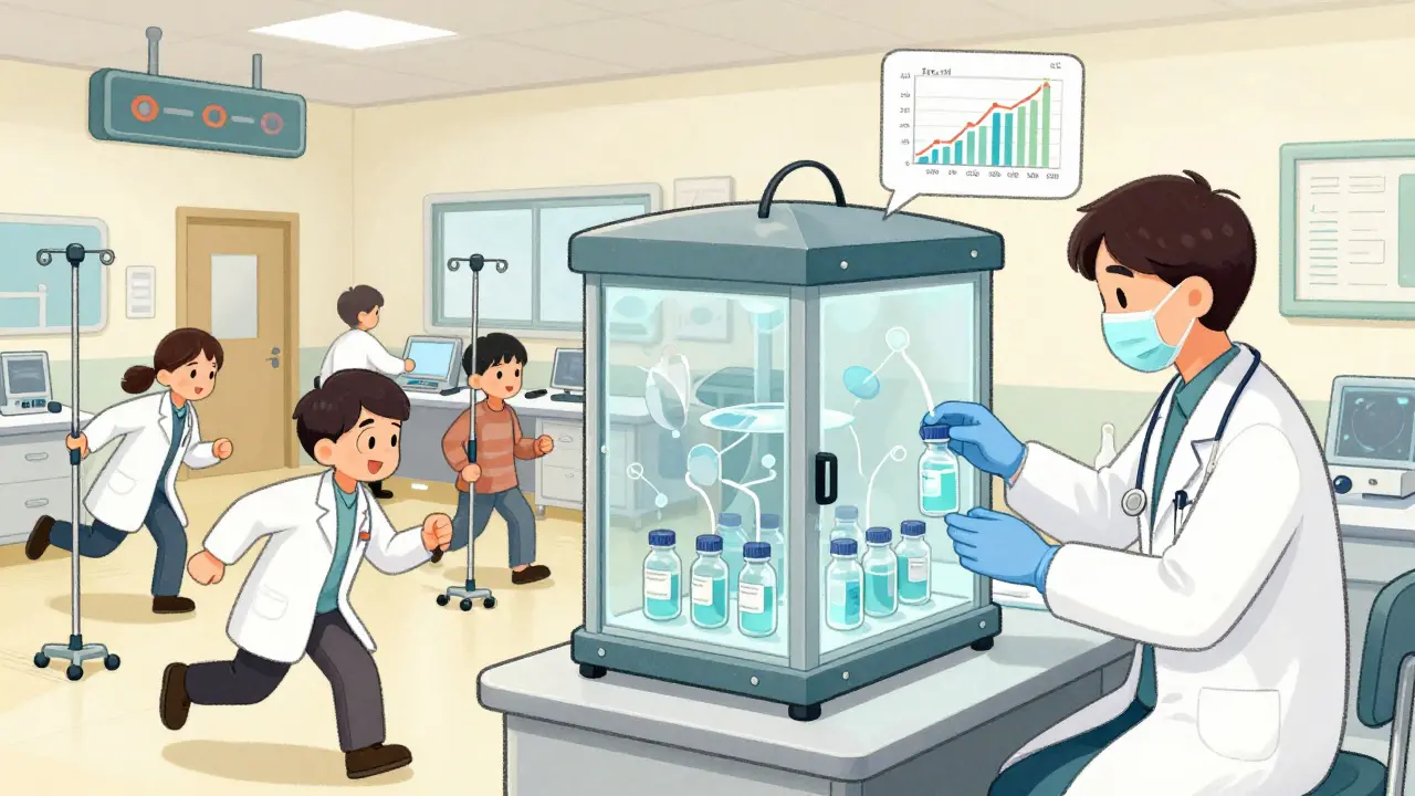 Scientists in a lab studying drug stability with floating data graphs, contrasted with a busy emergency room scene.