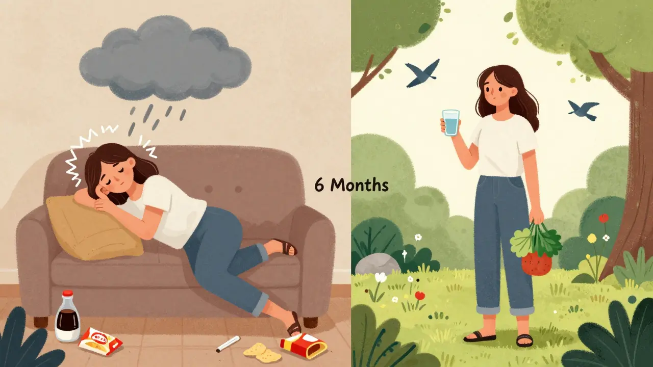 Two versions of a woman: one unwell surrounded by junk food, the other healthy in a garden.