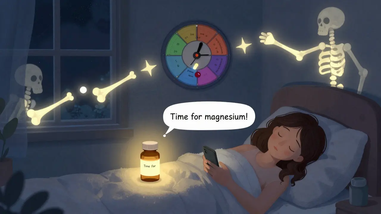 Woman sleeps peacefully as smart pill bottle glows and timing wheel shows correct magnesium schedule