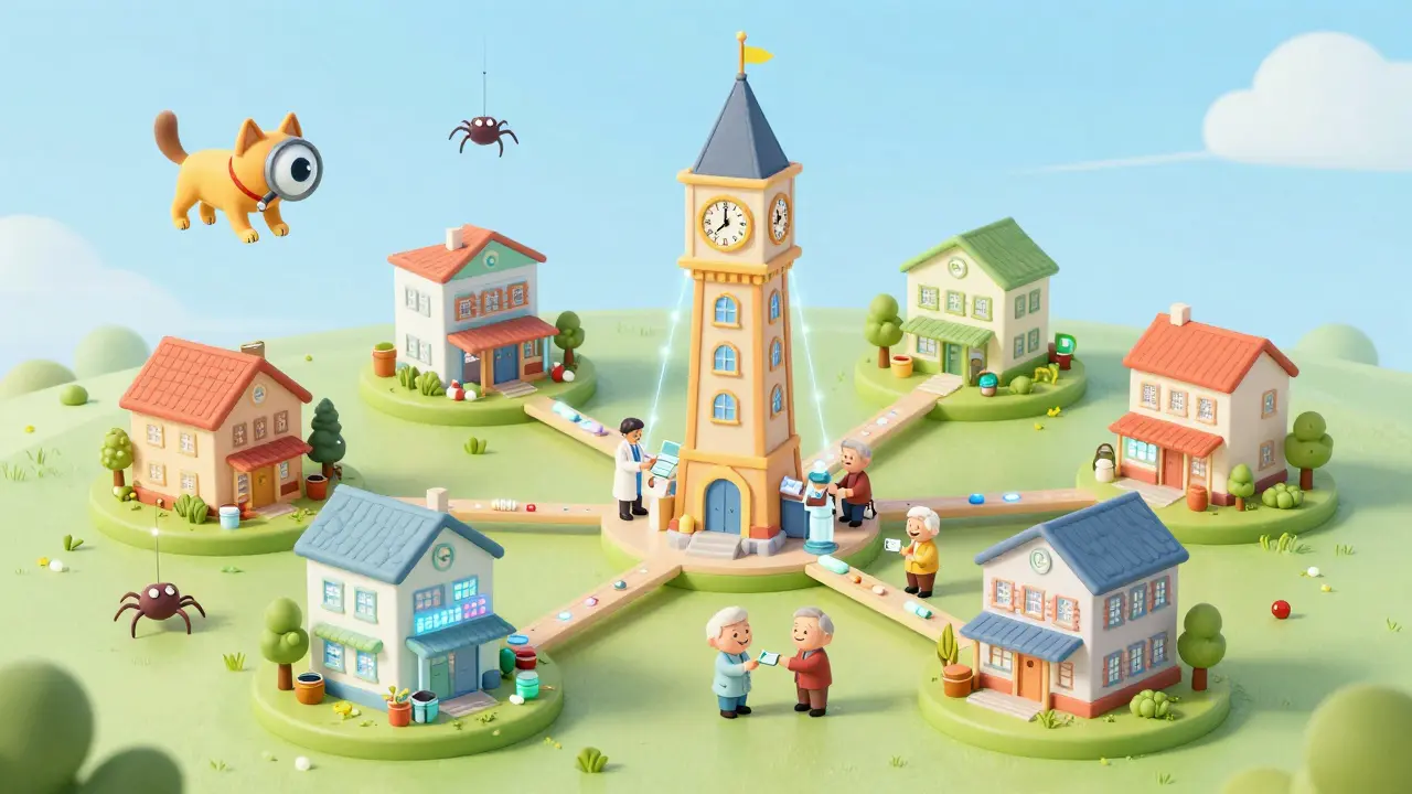 A central pharmacy hub sends data threads to five neighborhood pharmacies while an AI watchdog watches over seniors receiving medicine.