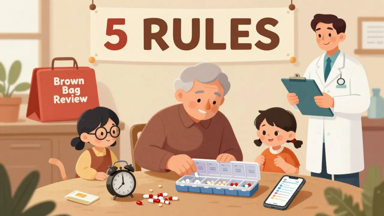 A family helps an older adult organize pills in a weekly pillbox with alarms and a phone reminder.