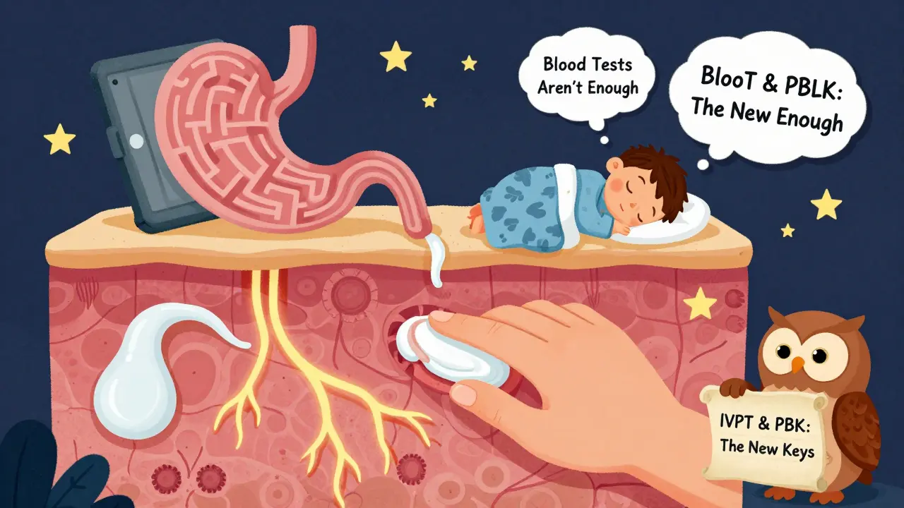 A hand applying cream to skin with contrasting absorption depths, while a tablet dissolves unevenly in a maze-like stomach, highlighting limitations of blood tests.