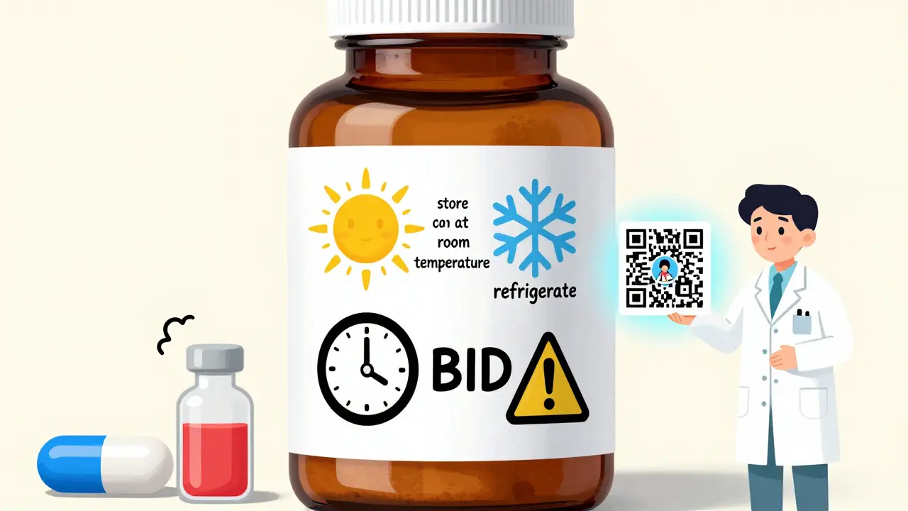 A medication bottle with oversized, illustrated labels showing icons for storage, dosage, and warnings, surrounded by whispering medicine characters.