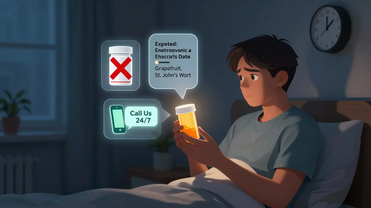 A person at home examining a prescription bottle with floating overlays showing expiration, drug interactions, and a 24/7 contact option.
