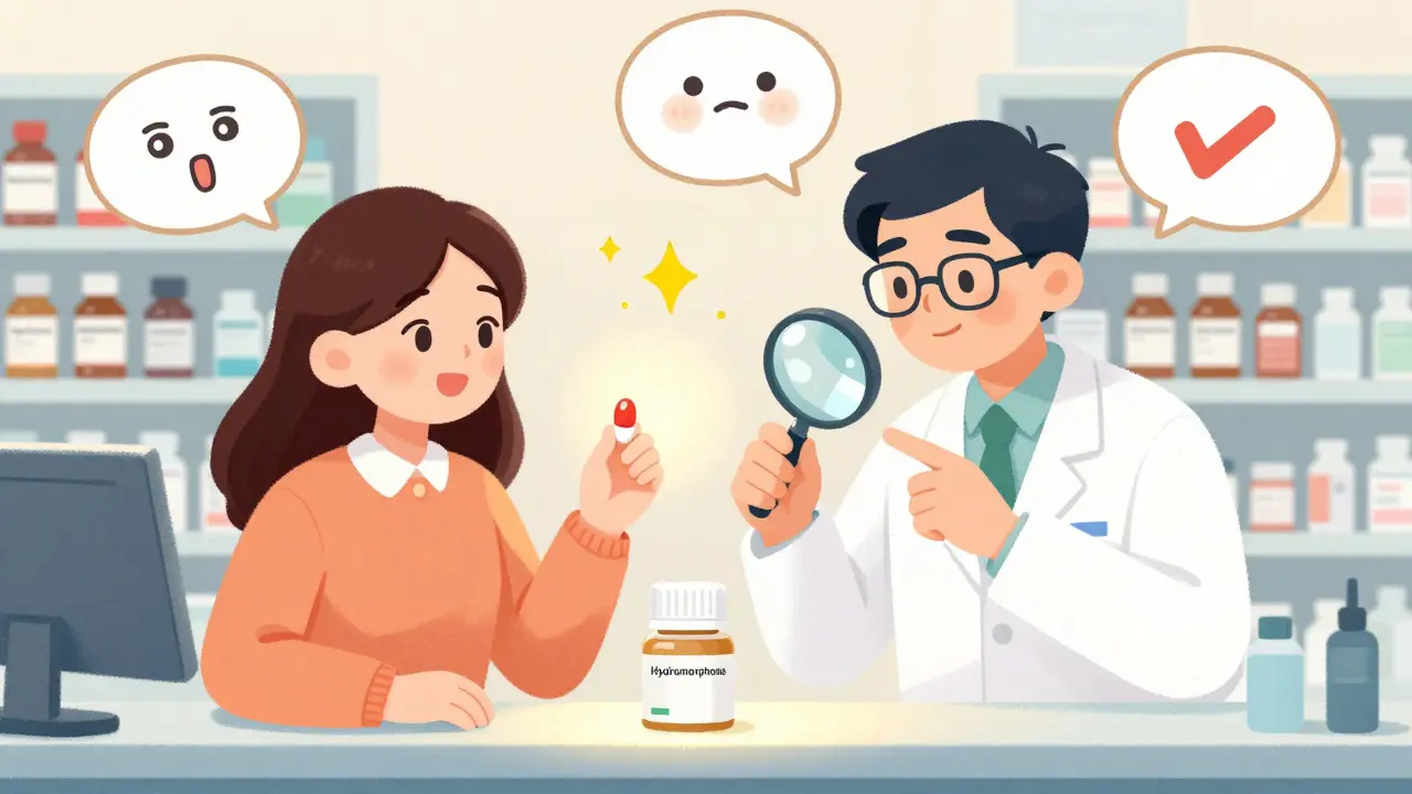 A pharmacist and patient examine a pill's appearance together at a pharmacy counter with warning symbols nearby.