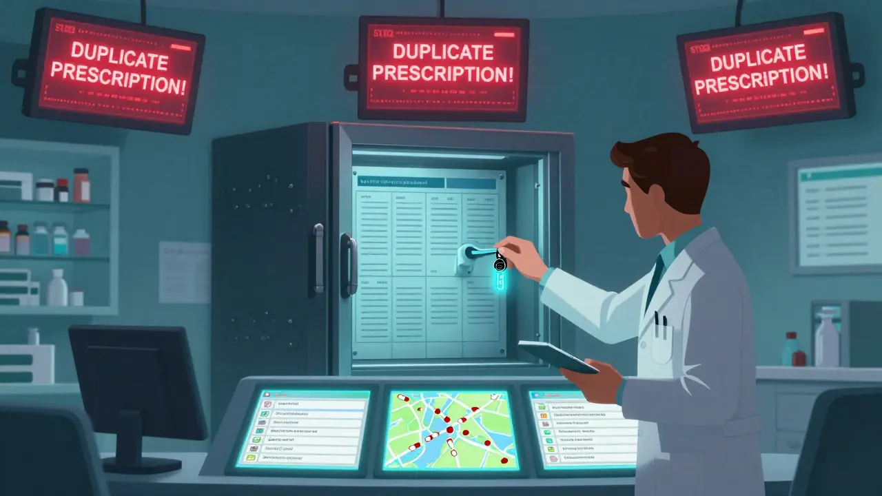 A pharmacist uses a security key to unlock a system alerting duplicate prescriptions across multiple pharmacy locations.