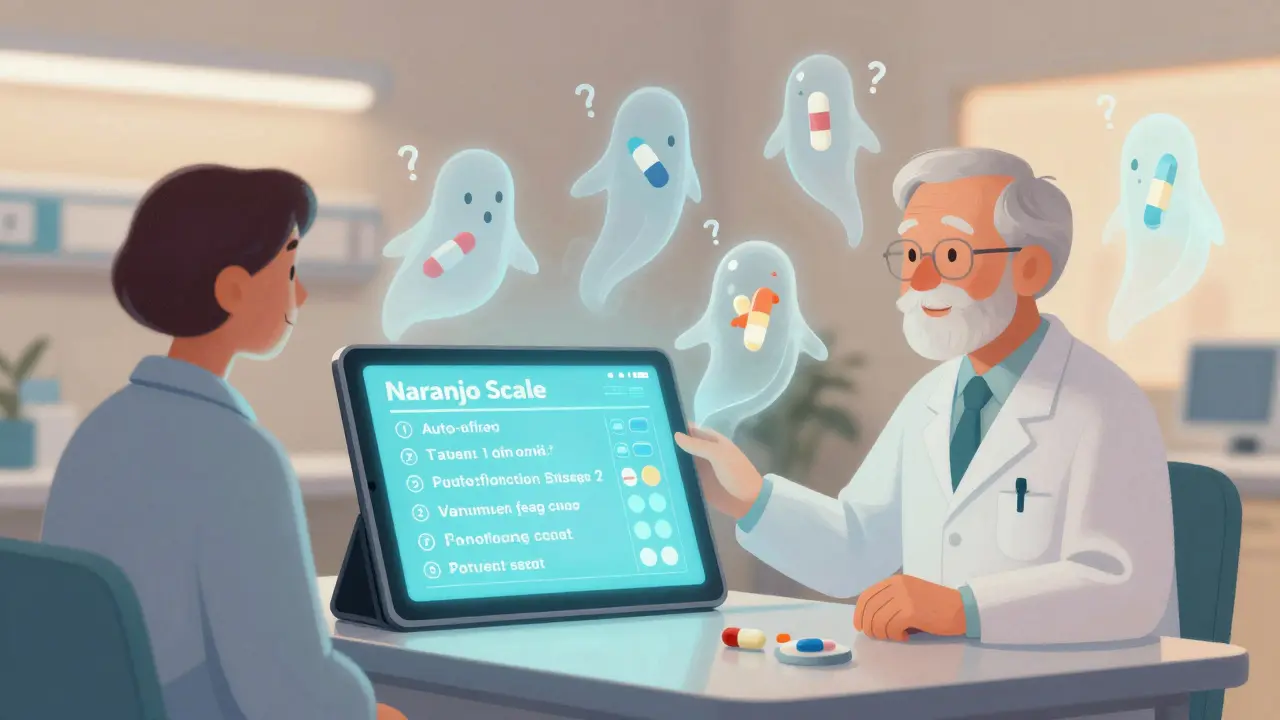 A pharmacist using a digital Naranjo tool beside an elderly patient, with ghostly medication icons representing multiple drugs.