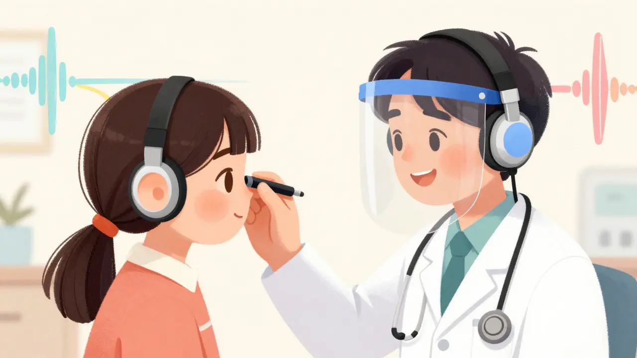 Audiologist testing hearing with colorful sound waves.