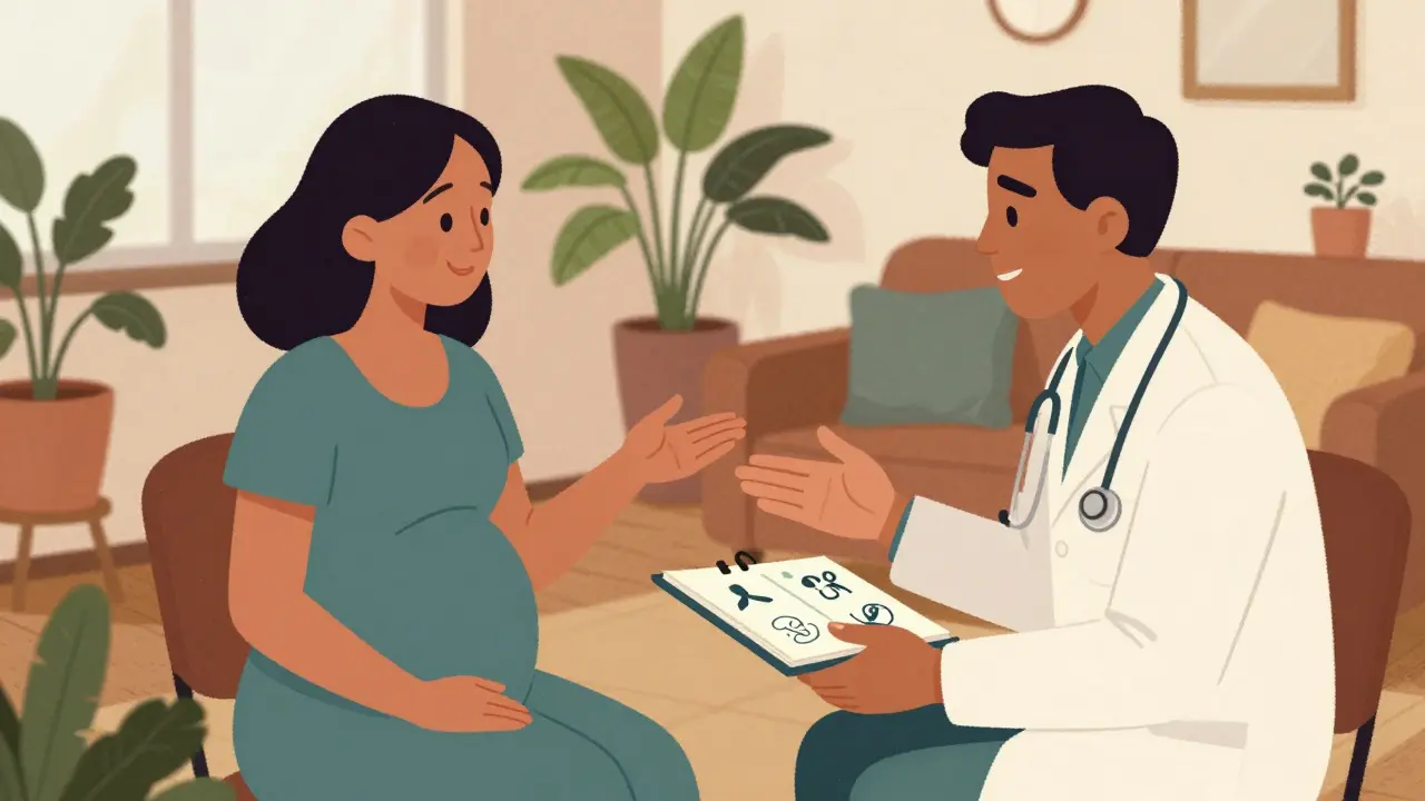 Doctor consulting with pregnant patient in a warm office
