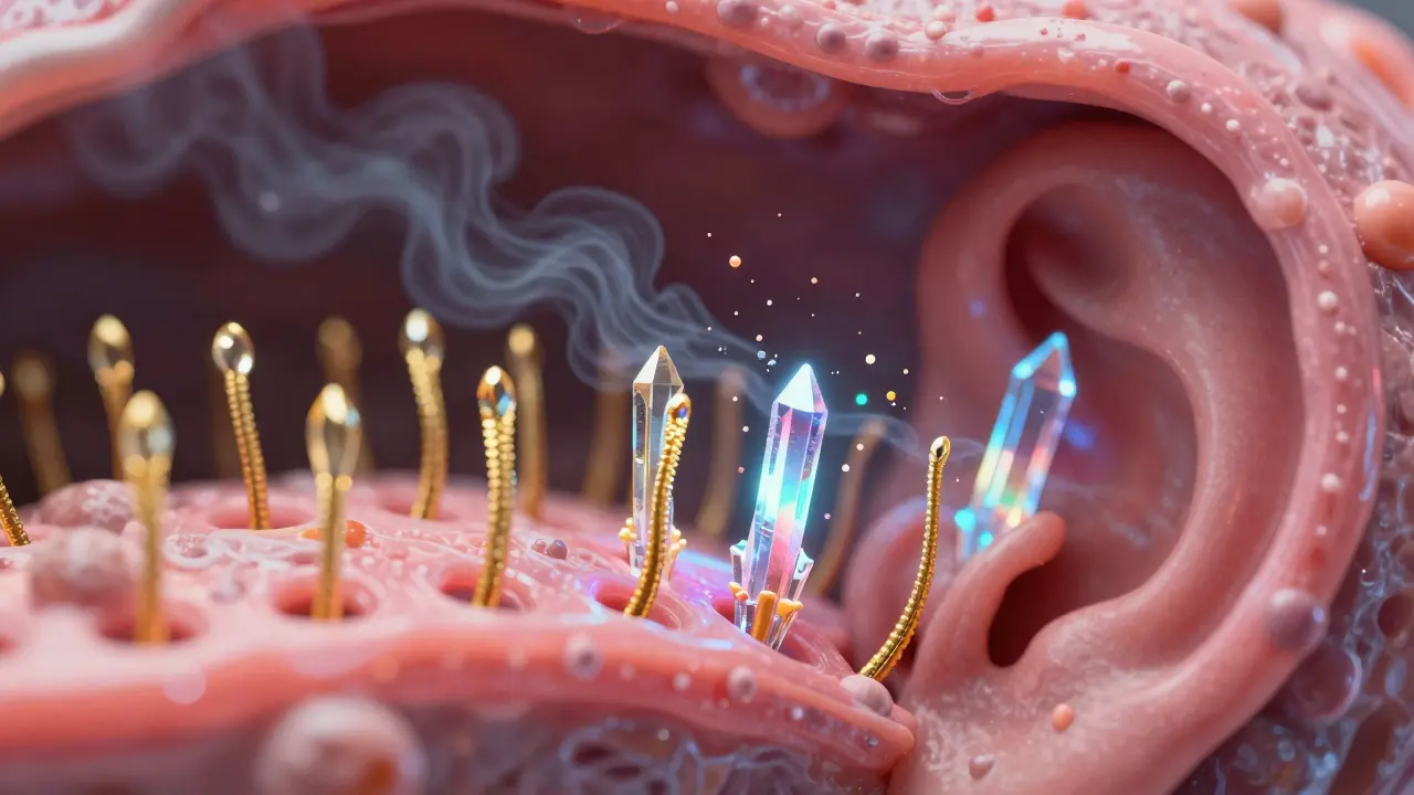 Fragile inner ear hair cells under chemical attack.