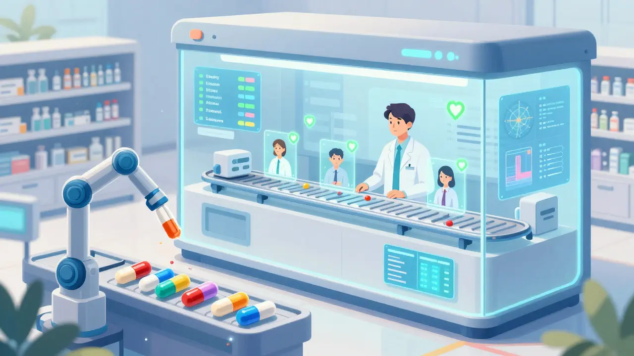 Robotic warehouse sorts generic pills while AI dashboards display patient data and genetic profiles.