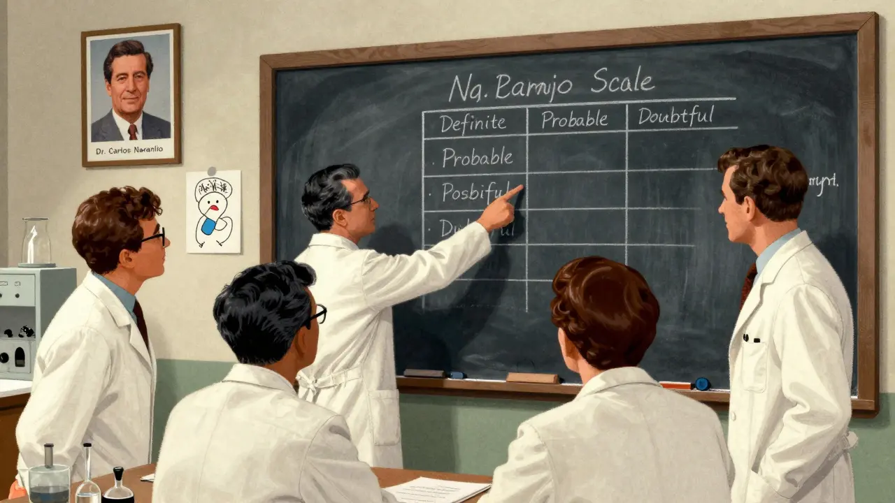 Scientists in 1980s lab studying the Naranjo Scale on a chalkboard, with Dr. Naranjo’s photo on the wall.