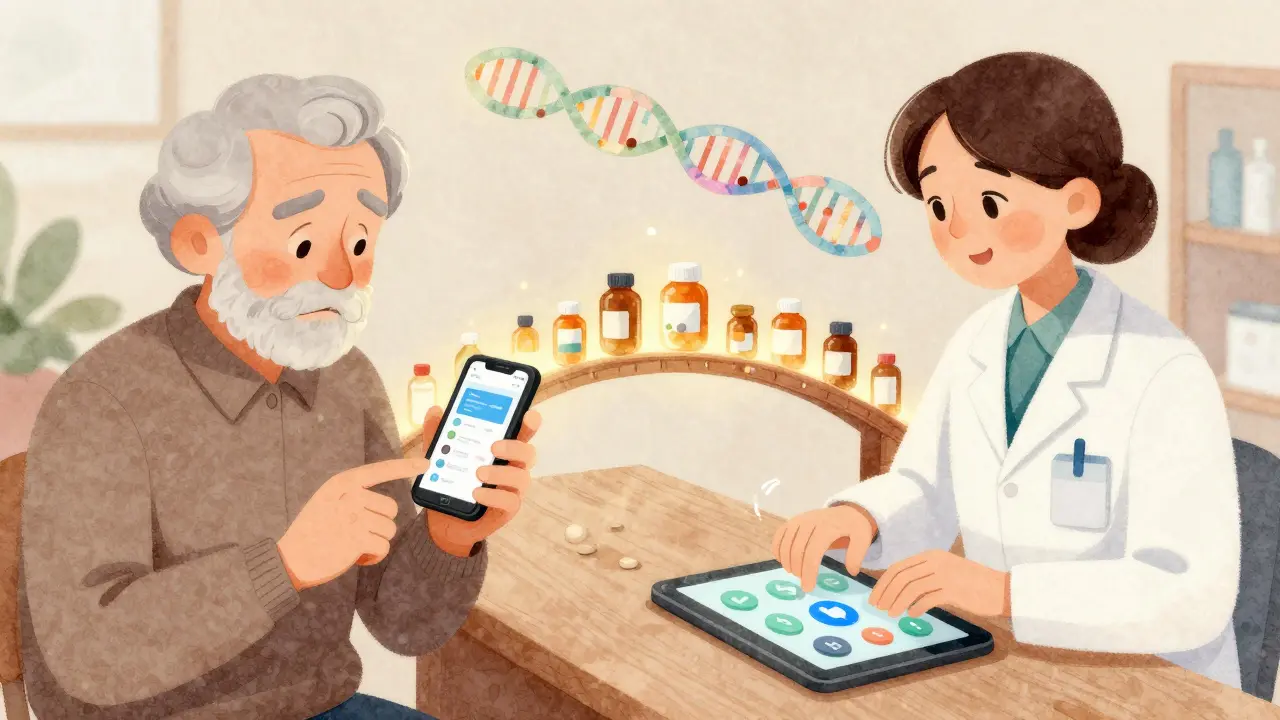 Senior struggles with confusing app on one side, pharmacist guides them with accessible tech on the other.