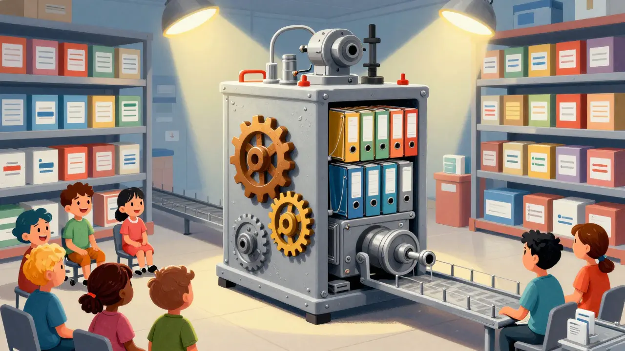 Storybook art of a complex machine mediating between patients and medicine.