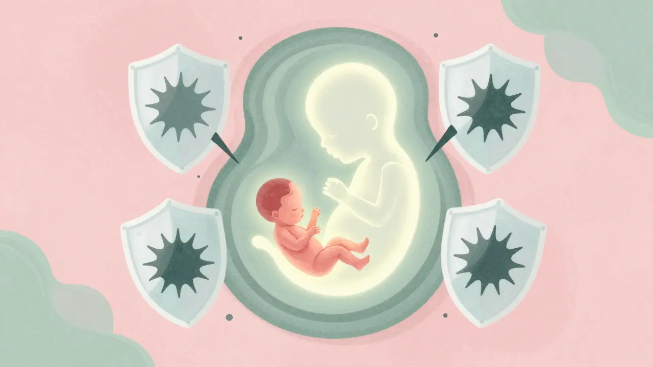 Stylized fetus protected by soft shields against dark shadows