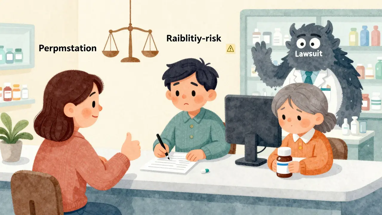 Three patients at a pharmacy counter experiencing different substitution rules, with a looming lawsuit shadow.