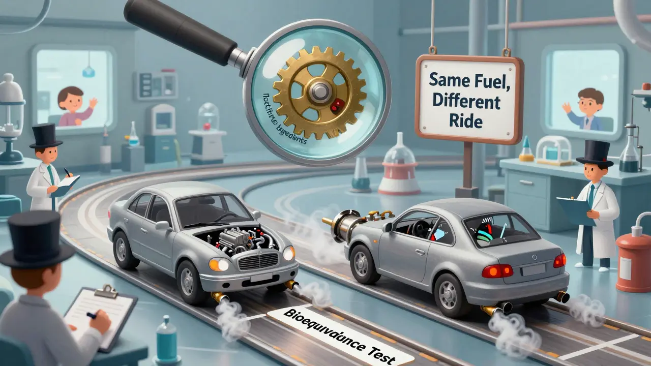 Two cars on a test track with matching fuel gauges but different exhaust smoke, symbolizing how generics can behave differently despite similar blood levels.